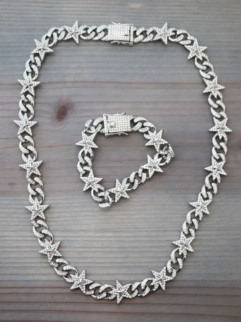 Stars & Cuban Ice Round Curb Diamond Chain with Rhinestones Silver Plated N+B Se